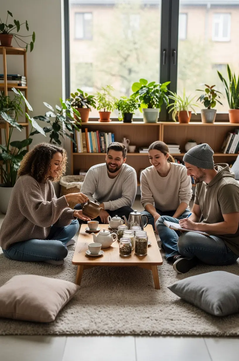 Žolelių arbatos puodelis šalia knygos ir akinių, simbolizuojantis edukaciją ir ramybės paiešką.