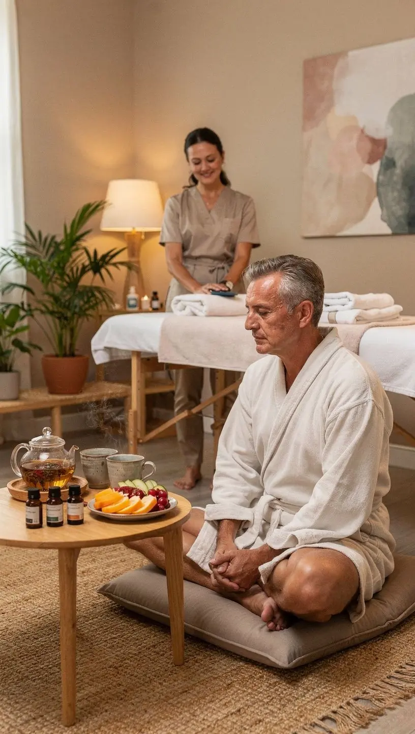 Sveikos gyvensenos dienoraštis su arbatos puodeliu ir natūraliais elementais, skatinantis kasdienę harmoniją.