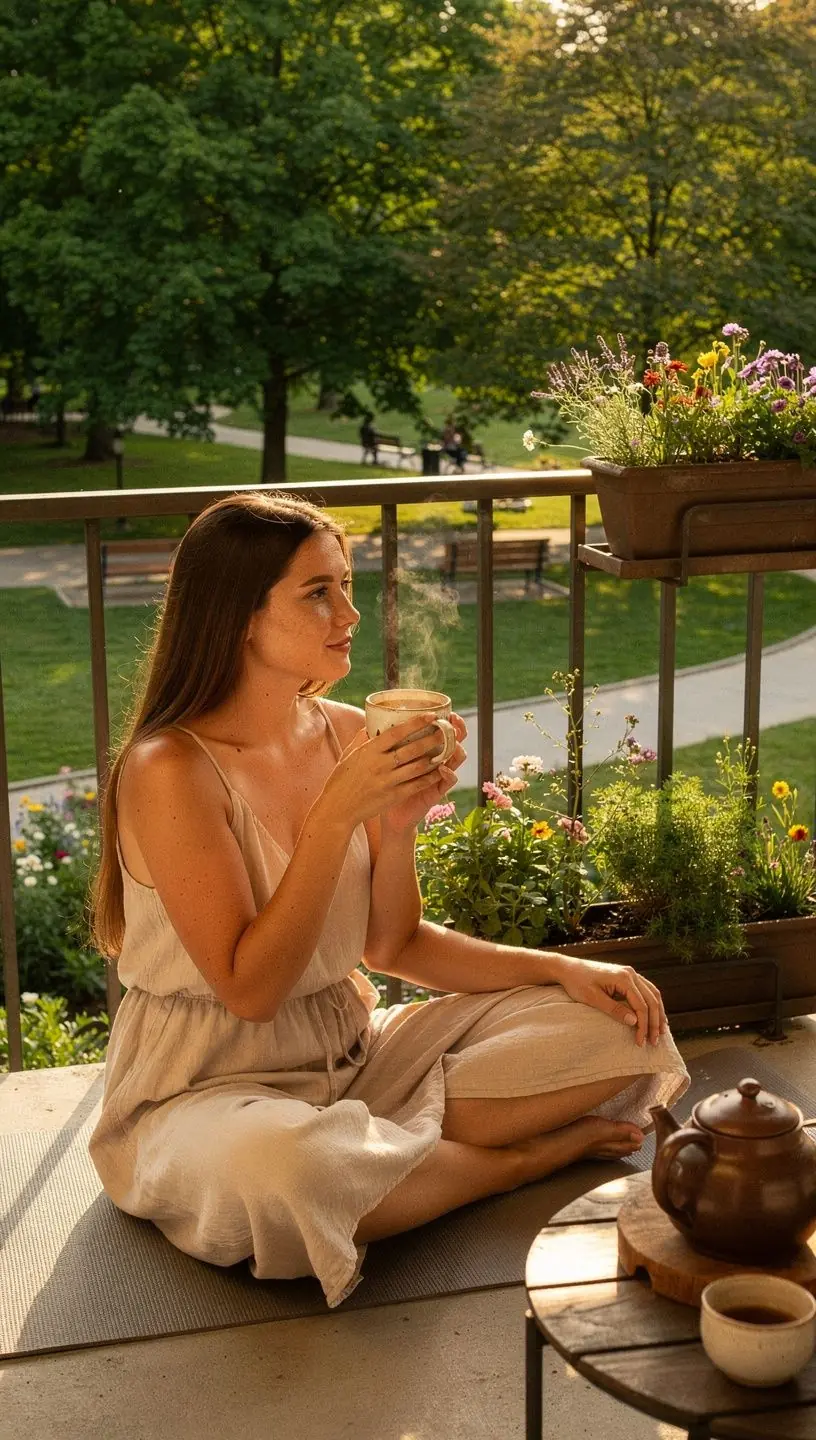 Aromatingų žolelių arbata ant medinio stalo su ramybės ir sveikatingumo simboliais fone.