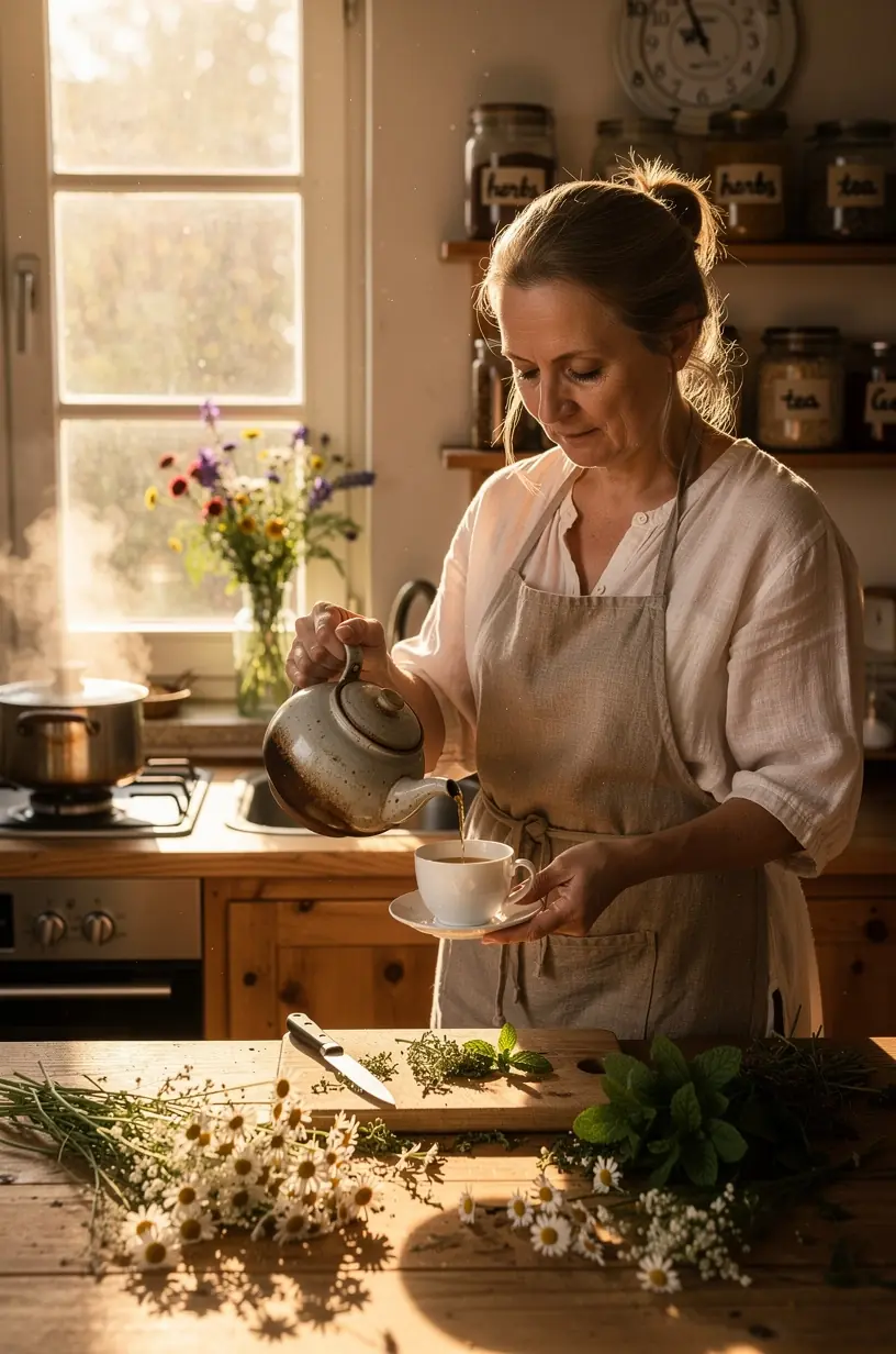 Šviesi arbatos puodelio nuotrauka, apsupta natūralių žolelių ir vaisių, skatinanti subalansuotą gyvenimo būdą.